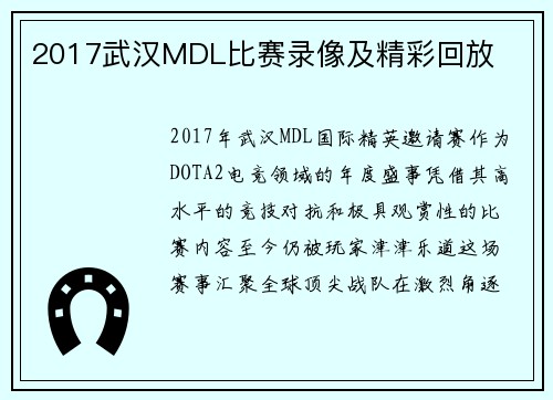 2017武汉MDL比赛录像及精彩回放