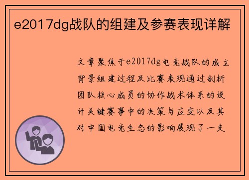 e2017dg战队的组建及参赛表现详解